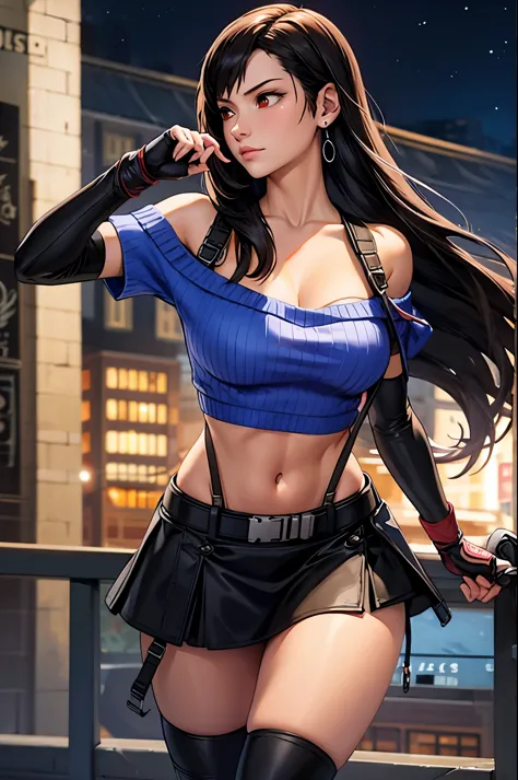 perfect eyes:1.2, detailed eyes:1.4, metTifa, closed mouth, fight pose, angry, navel, large breasts, red eyes, low-tied long hai...