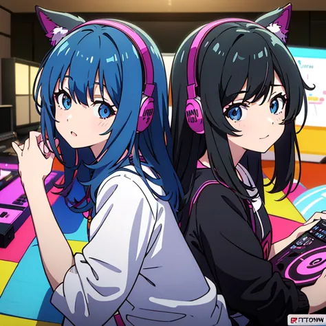 two anime girls in headphones are playing music on a turntable, anime vibes, anime style 4 k, ig studios anime style, nightcore,...