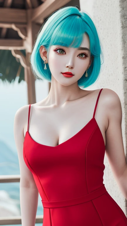 ace, 16K, ultra realista, super detalhado, high resolution, melhor qualidade, head: 1.3, (Korean K-pop idol), pale cyan hair, pale white skin, pele iluminada, sombreamento realista, texturas realistas, sharp focus, (cinema lighting), clavicle, Morning, luz suave, dynamic angle, [: (rosto detalhado:1.2):0.2], seios grandes naturais, rugas nas axilas, fenda apertada, vestido vermelho, magro hot, meio do peito, decote, corpo todo, fundo desfocado, different positions in various types of angles.