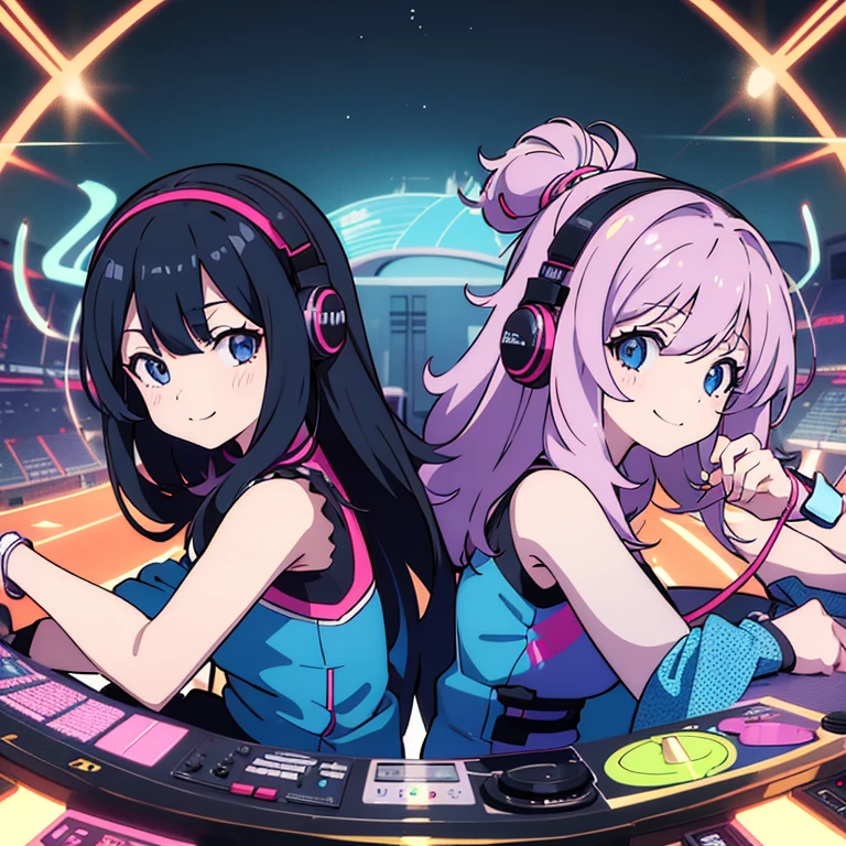 two anime girls in headphones are playing music on a turntable, anime vibes, anime style 4 k, ig studios anime style, nightcore, 8 0 s anime vibe, anime girls, anime style. 8k, lofi artstyle, dj sura, anime moe artstyle, anime style illustration, trending on cgstation, anime style artwork, e - girl smile