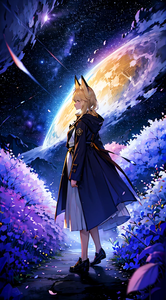 １people々々々々々々々,Woman with medium length blonde hair，Fox Ears，Long coat，Takageta， Dress Silhouette， Rear View，Space Sky, Flower Field，Colorful flowers，Dancing Petals，