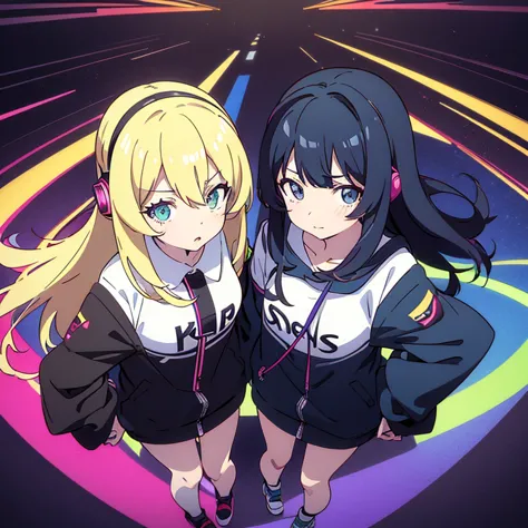 two anime girls in headphones are playing music on a turntable, anime vibes, anime style 4 k, ig studios anime style, nightcore,...