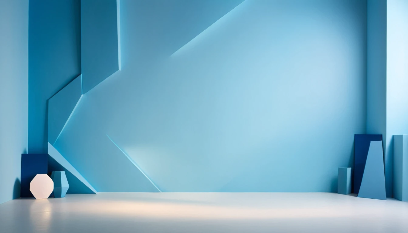 Clean, simple studio backdrop with blue geometric shapes and soft lighting for a chic, creative ambience