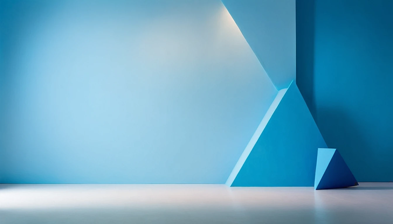 Clean, simple studio backdrop with blue geometric shapes and soft lighting for a chic, creative ambience