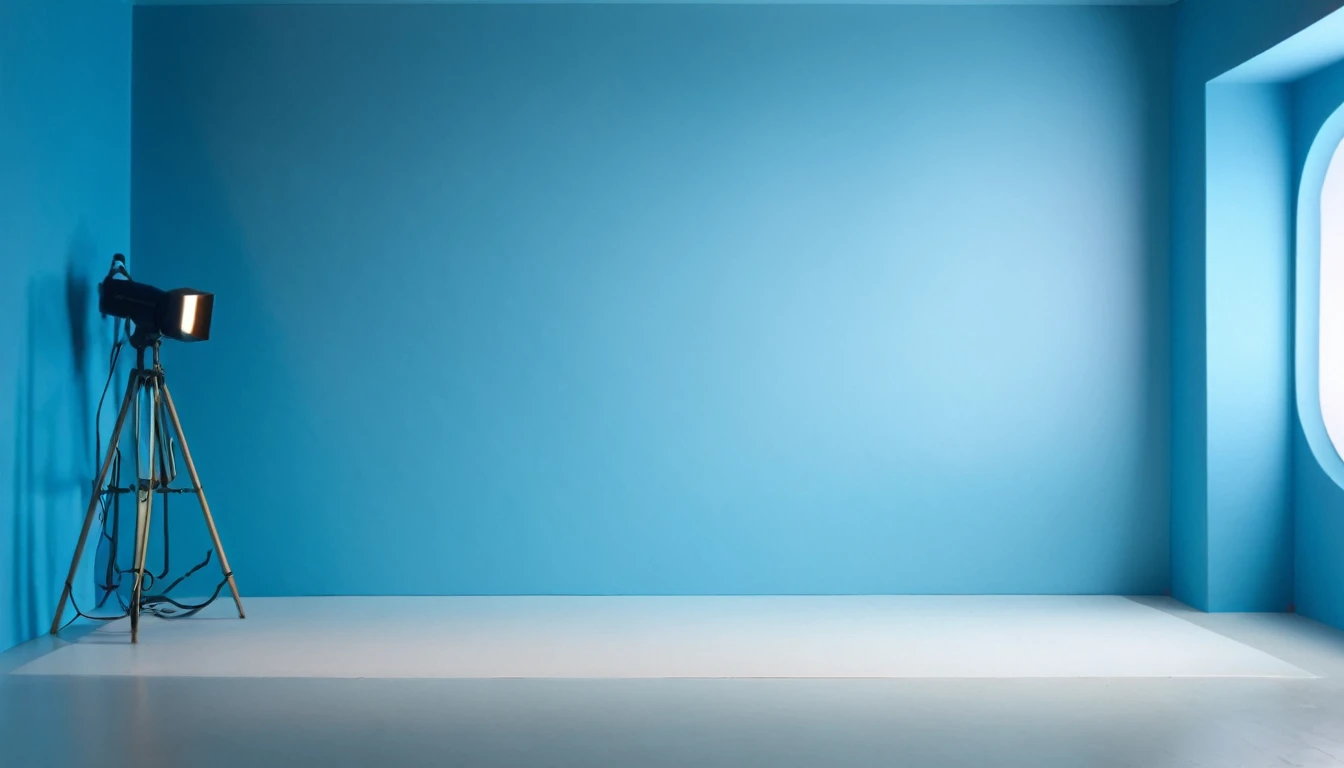 Clean, simple studio backdrop with blue geometric shapes and soft lighting for a chic, creative ambience