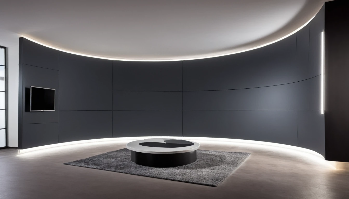 Semicircular studio set with curved anthracite-gray panels and accent lighting by LED spotlights for a modern, techno look