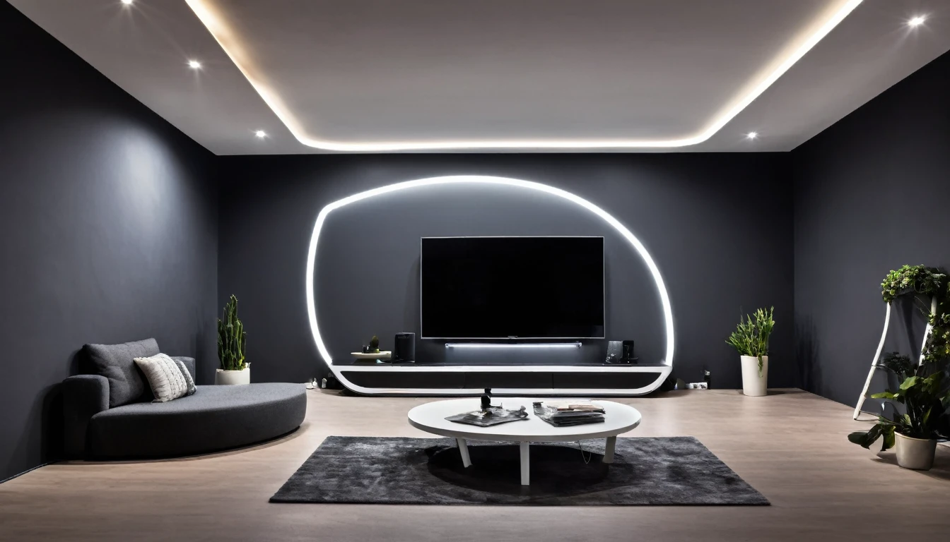 Semicircular studio set with curved anthracite-gray panels and accent lighting by LED spotlights for a modern, techno look