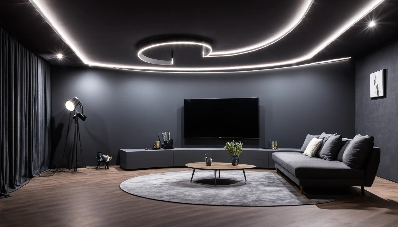 Semicircular studio set with curved anthracite-gray panels and accent lighting by LED spotlights for a modern, techno look