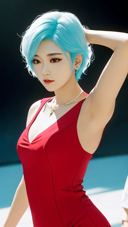 As, 16K, ultrarealistisch, Super detailliert, Hohe Auflösung, Bessere Qualität, Kopf: 1.3, (Koreanisches K-Pop-Idol), blasses cyanfarbenes Haar, blasse weiße Haut, leuchtende Haut, realistische Schattierung, realistische Texturen, scharfer Fokus, (Kinobeleuchtung), Schlüsselbein, Morgen, Sanftes Licht, dynamischer Winkel, [: (Detailliertes Gesicht:1.2):0.2], große natürliche Brüste, Achselfalten, enger Schlitz, rotes Kleid, dünn heiß, Mitte der Brust, Dekollete, ganzer Körper, verschwommener Hintergrund, verschiedene Positionen in unterschiedlichen Winkeln.