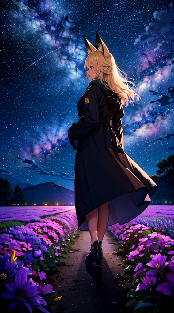 １people々々々々々々々々,Woman with medium length blonde hair，Fox Ears，Long coat，Takageta， Dress Silhouette， Rear View，Space Sky, Flower Field，Colorful flowers，Dancing Petals，