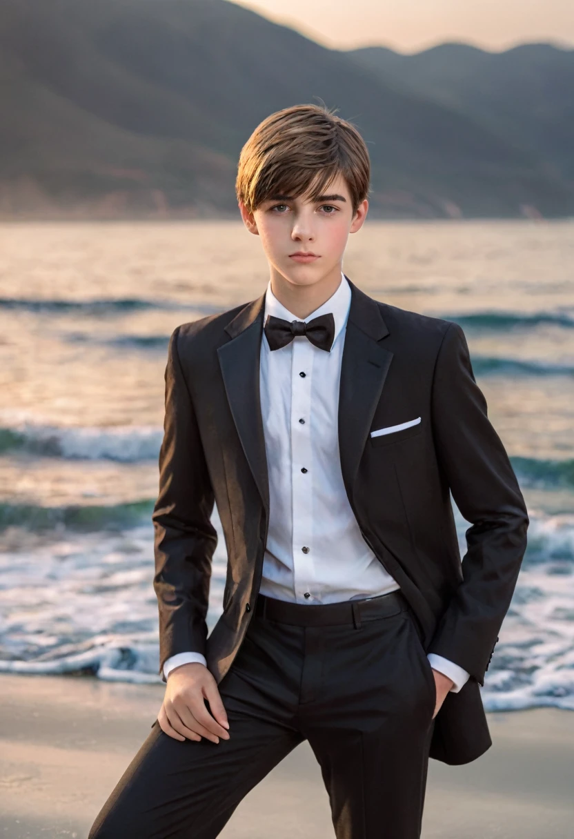 해변에서 턱시도를 입은 아름답고 현실적인 14세 소년,  전신, 매우 상세한 이미지, 백그라운드에서 배구 네트., 사실적인 최고의 품질 