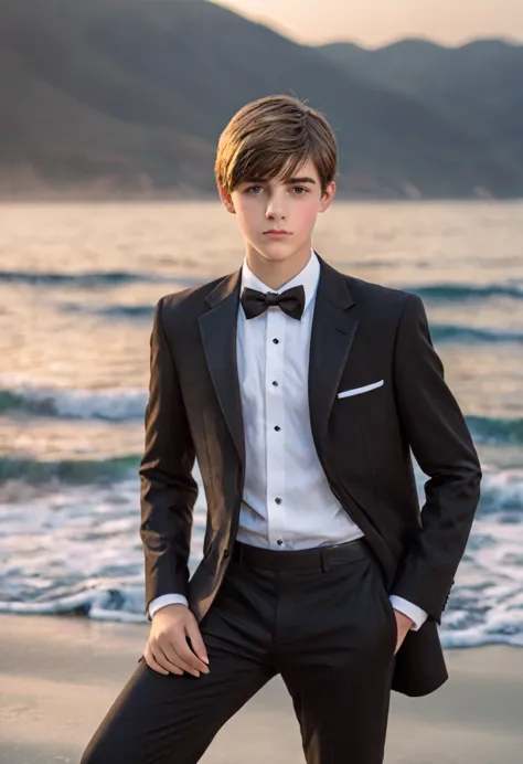 beautiful and realistic 14 year old boys in tuxedos on the beach,  cuerpo entero, imagenes  ultra detalladas, red de voleibol en...