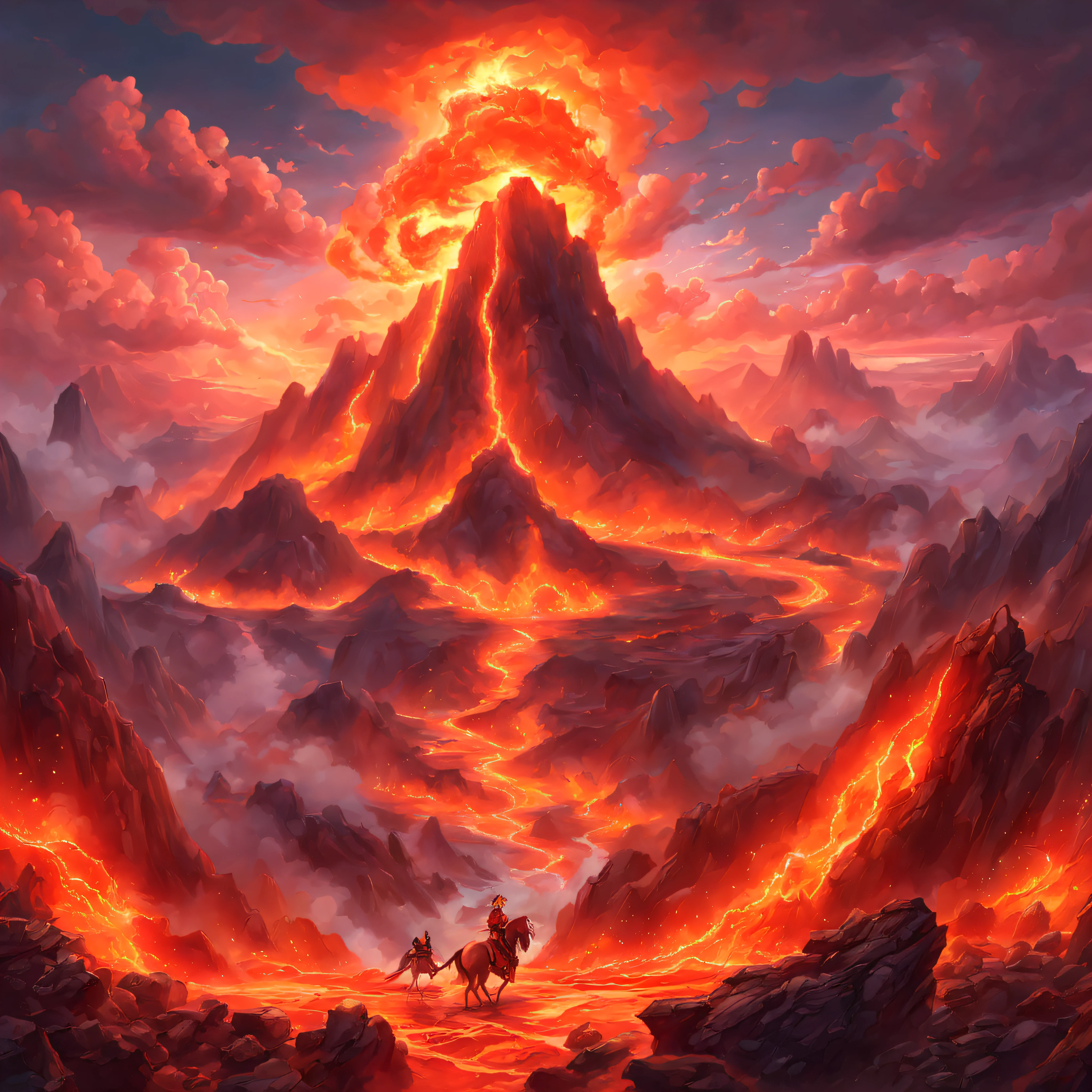 (stickers)，(sticker)，(best qualityer,work of art, Intricate,Hyper-detail,8k Ultra HD,ultra-high resolution，extremely detailed CG unity wallpaper) ,East Meridian of the Great Wilderness，fire unicorn，fire unicorn in volcanic lava，surrounded by lightning，Stand in volcanic lava，The peaks are steep，strange rocks，safe，magma，Dreamland Wonderland、Fantastic，riding，Illustrative Chinese traditional elements，Hotel in Fuyao，dappled light，mist hazy，Mystical Aura，Masterpiece artwork，k hd，Rich in Color，Detailed back details，seven colors