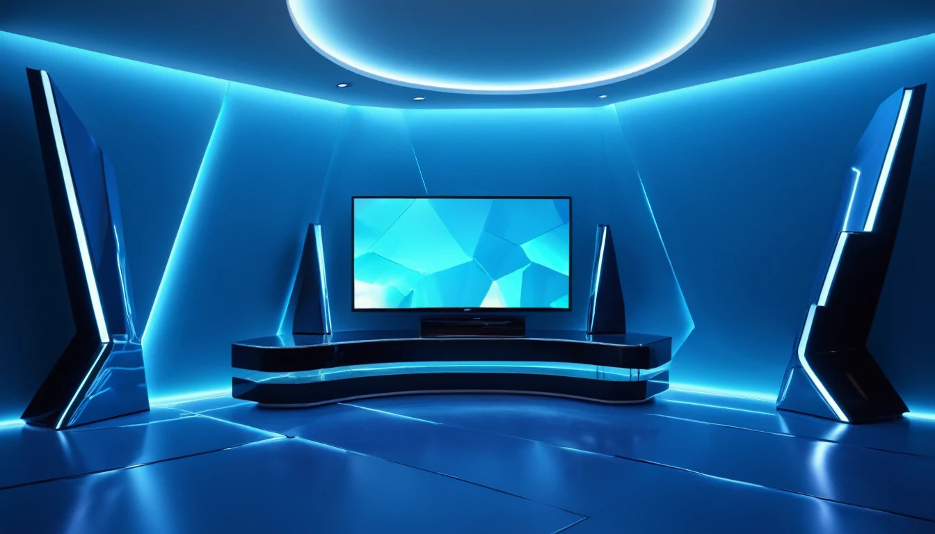 Futuristic TV set ambience with slightly curved walls with a metallic sheen, diffused blue light on the floor and a few protruding polygons for a resolutely designer look.