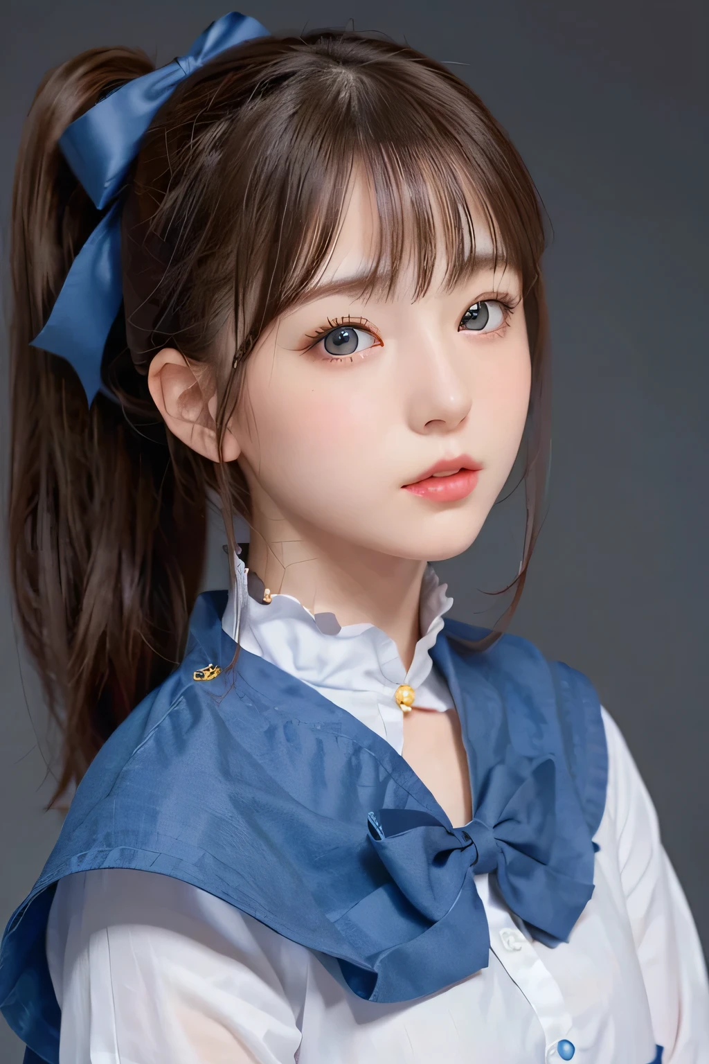 Super beautiful CG、One Girl, ponytail, , Brown Hair、deep blue eyes、Big ribbon、