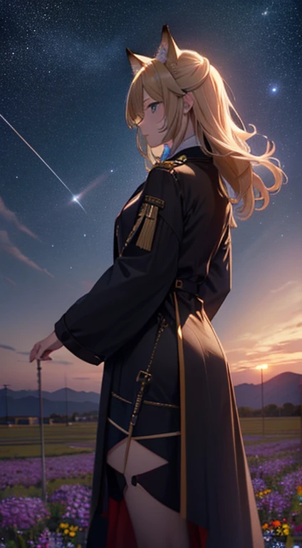 １personnes々々々々々々々,Femme blonde aux cheveux longs，oreilles de renard，long manteau， Silhouette de robe， vue arrière，Ciel spatial, Champ de fleurs，Fleurs colorées