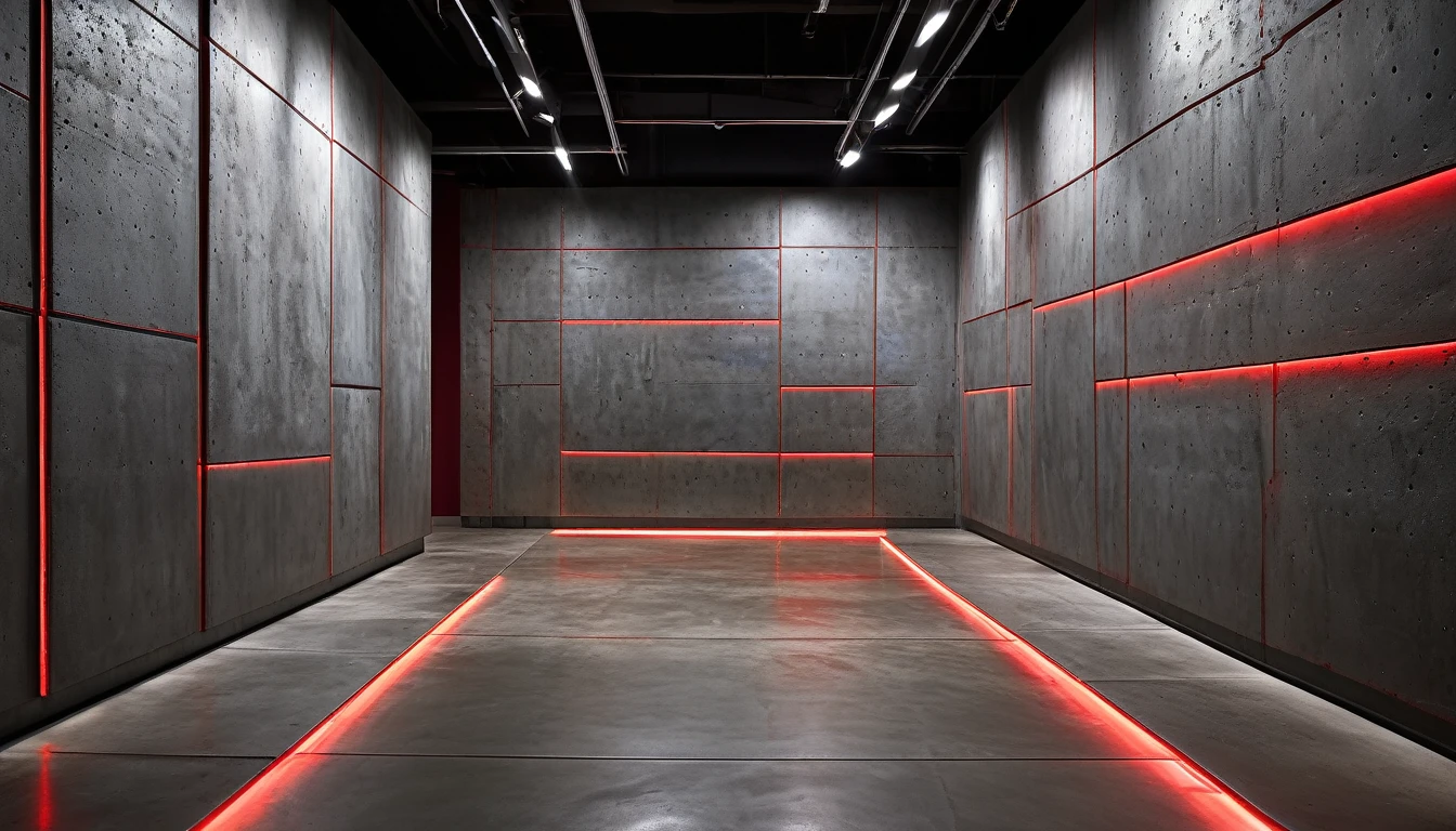 Rough studio walls in textured concrete with a few sections of surface in red metallic finishes and a few lines of bluish LED light on the floor for a trendy industrial feel.