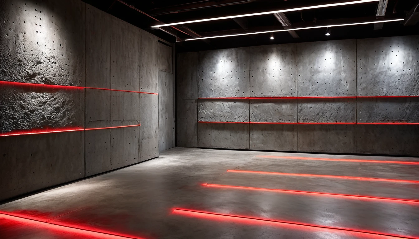 Rough studio walls in textured concrete with a few sections of surface in red metallic finishes and a few lines of bluish LED light on the floor for a trendy industrial feel.