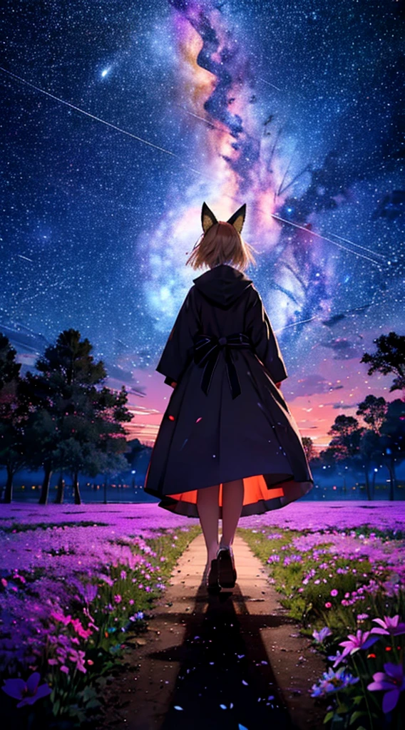 １people々々々々々々々々々,Woman with medium length blonde hair，Fox Ears，Long coat，Takageta， Dress Silhouette， Rear View，Space Sky, Flower Field，Colorful flowers，Dancing Petals，