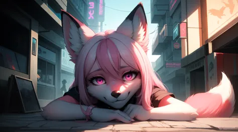 cyberpunk fox, beautiful light and shadow on a beautiful face with light pink hair、ambientebeleuchtung am strand、ultra-fine fur、...