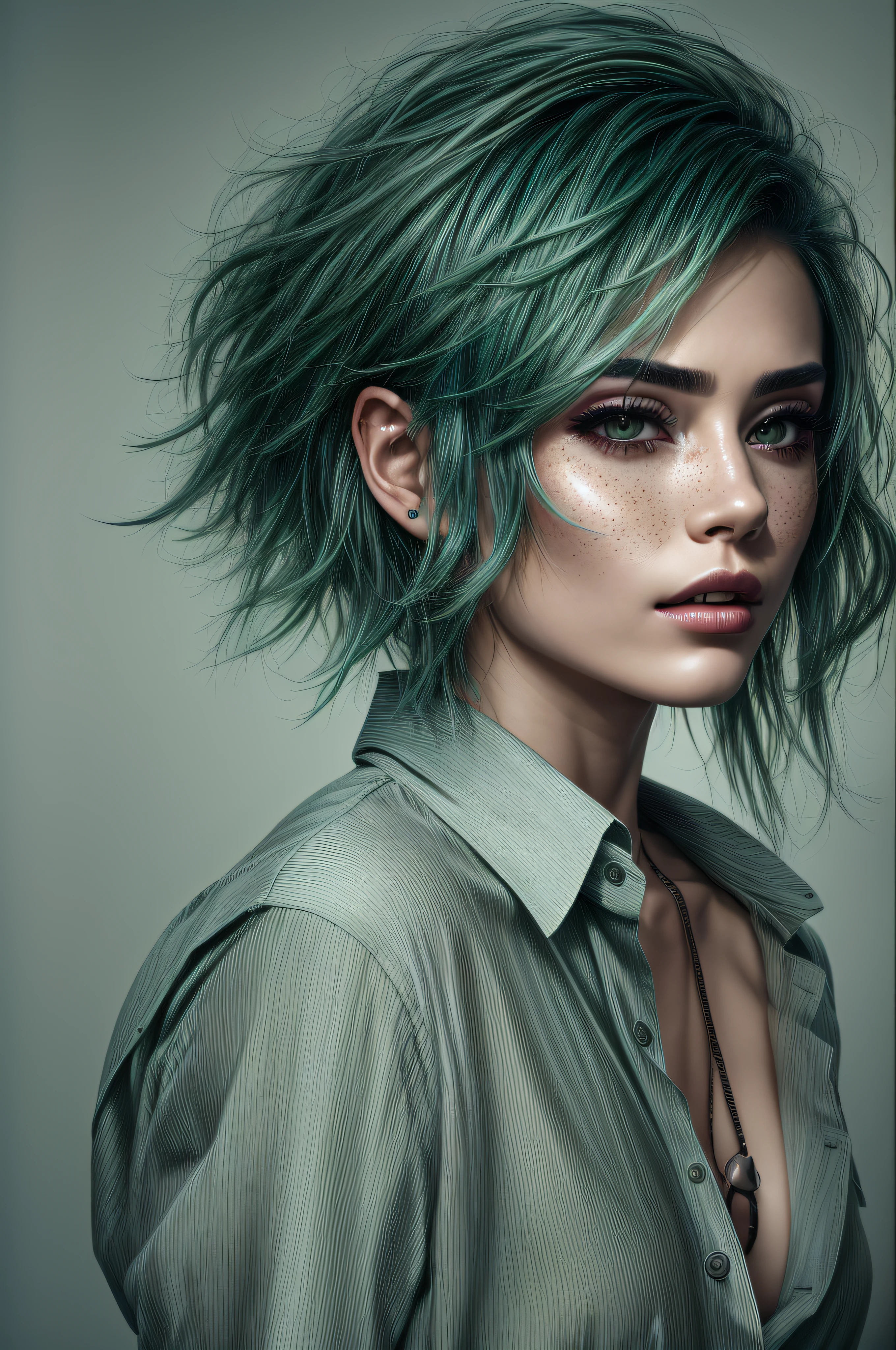 a photo of a seductive woman with loose green hair, posing in photo studio, she wears button up shirt and pants, intricate details, Goosebumps, perfect face, (light freckles:0.9), ((photorealistic):1.1), (raw, 8k:1.2), Dark studio, Muted colors