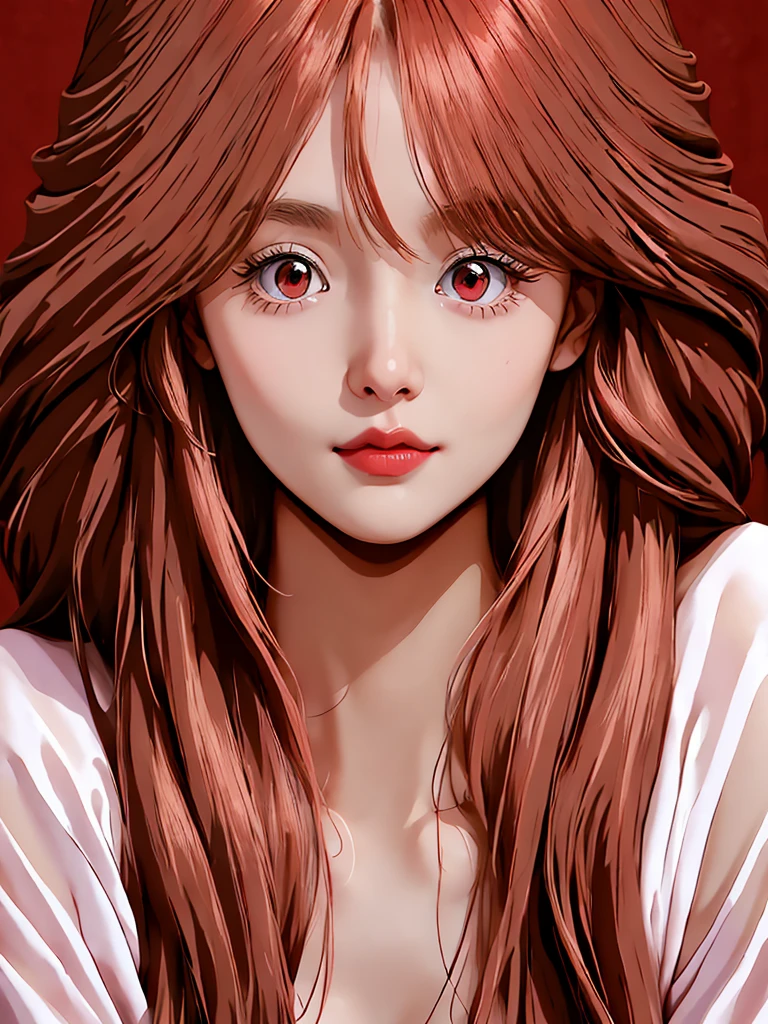 (best quality, highres), ultra-detailed, realistic, solo, 1girl with long red hair, parted lips and pink eyes, looking directly at the viewer. The girl has beautiful long eyelashes and wears a seductive expression. Her hair falls gently between her eyes, framing her face perfectly. The portrait focuses on her upper body, showcasing her collarbone and a hint of cleavage. The vibrant red hair complements her red eyes. The lighting emphasizes the intricate details of her face, creating a photorealistic effect. The overall color tone of the image leans towards warm and vibrant hues, enhancing the intensity of the girl's gaze.