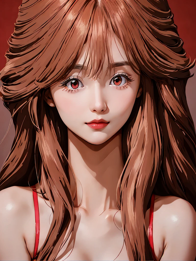 (best quality, highres), ultra-detailed, realistic, solo, 1girl with long red hair, parted lips and pink eyes, looking directly at the viewer. The girl has beautiful long eyelashes and wears a seductive expression. Her hair falls gently between her eyes, framing her face perfectly. The portrait focuses on her upper body, showcasing her collarbone and a hint of cleavage. The vibrant red hair complements her red eyes. The lighting emphasizes the intricate details of her face, creating a photorealistic effect. The overall color tone of the image leans towards warm and vibrant hues, enhancing the intensity of the girl's gaze.