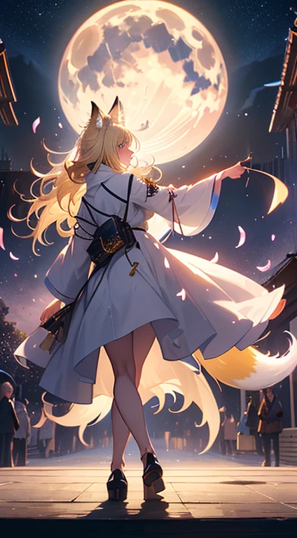 １people々々々々々々々々々々々,Woman with medium length blonde hair，Fox Ears，Long coat，Takageta， Dress Silhouette， Rear View，Space Sky, Flower Field，Colorful flowers，Dancing Petals，full moon，