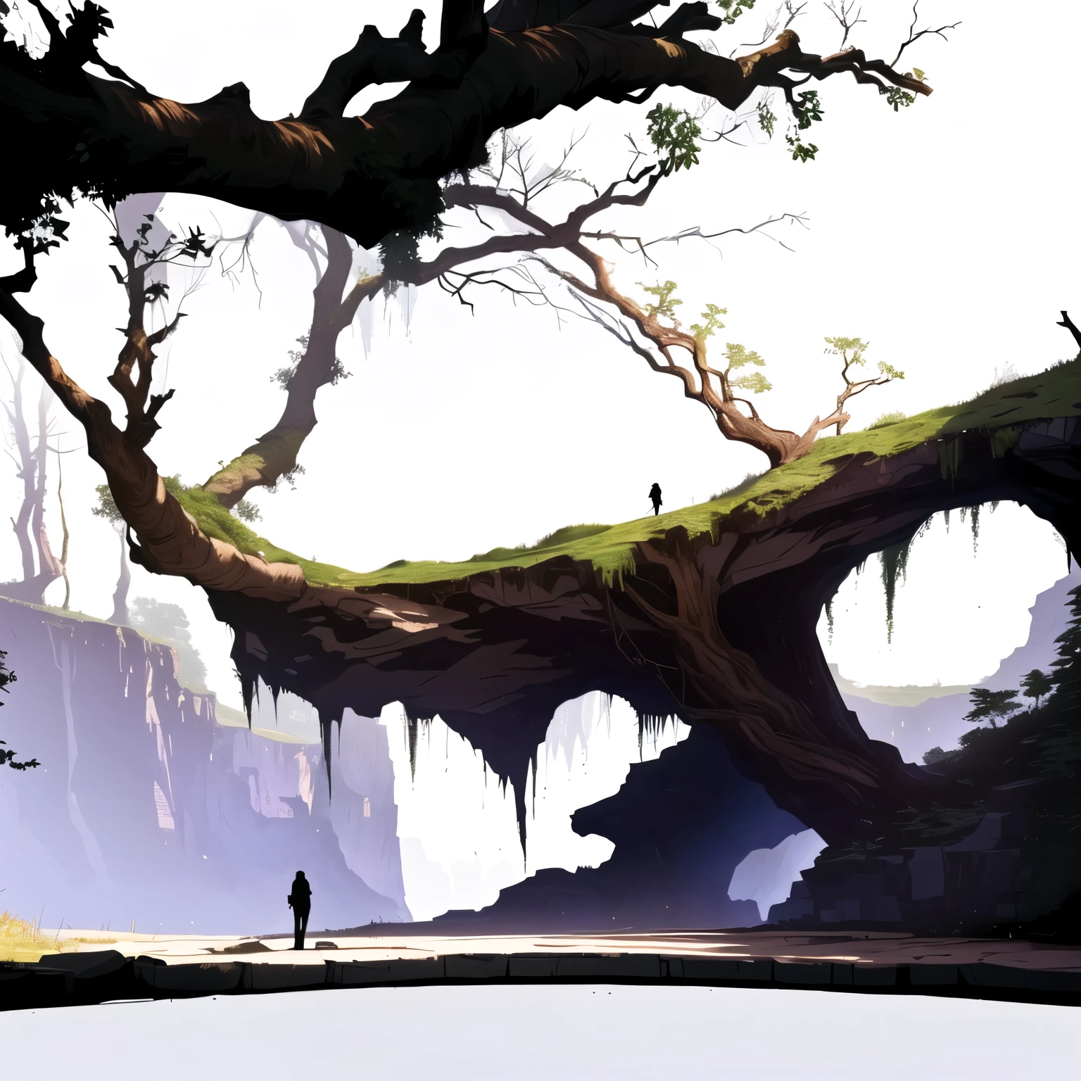 bushy tree with a man walking along a path in front of a cave, #Capture of Telasábado, chasm, # Capture of Telasábado, dark high-contrast concept art, concept art of a dark forest, background art, ancient wood environment, page scroller, indie game concept art, complex environment, 2d concept art, painted as a game concept art