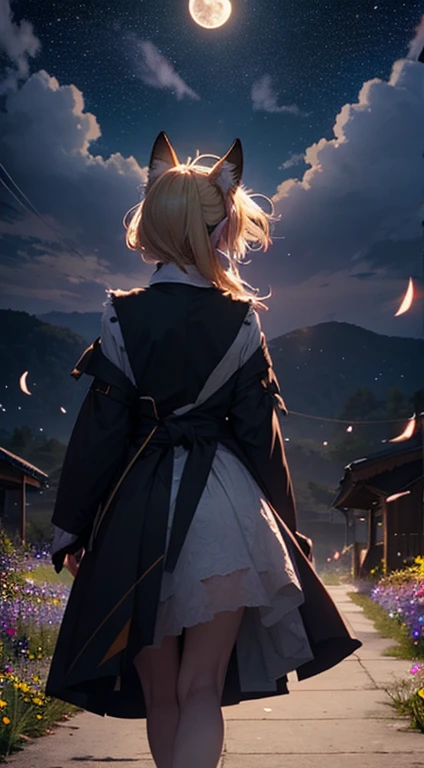 １people々々々々々々々々々々々々々,Woman with medium length blonde hair，Fox Ears，Long coat，Takageta， Dress Silhouette， Rear View，Space Sky, Flower Field，Colorful flowers，Dancing Petals，full moon，