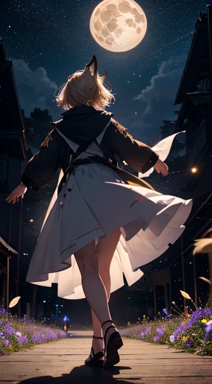 １personnes々々々々々々々々々々々々々々,Femme aux cheveux blonds mi-longs，oreilles de renard，long manteau，Takageta， Silhouette de robe， vue arrière，Ciel spatial, Champ de fleurs，Fleurs colorées，Pétales dansants，pleine lune，