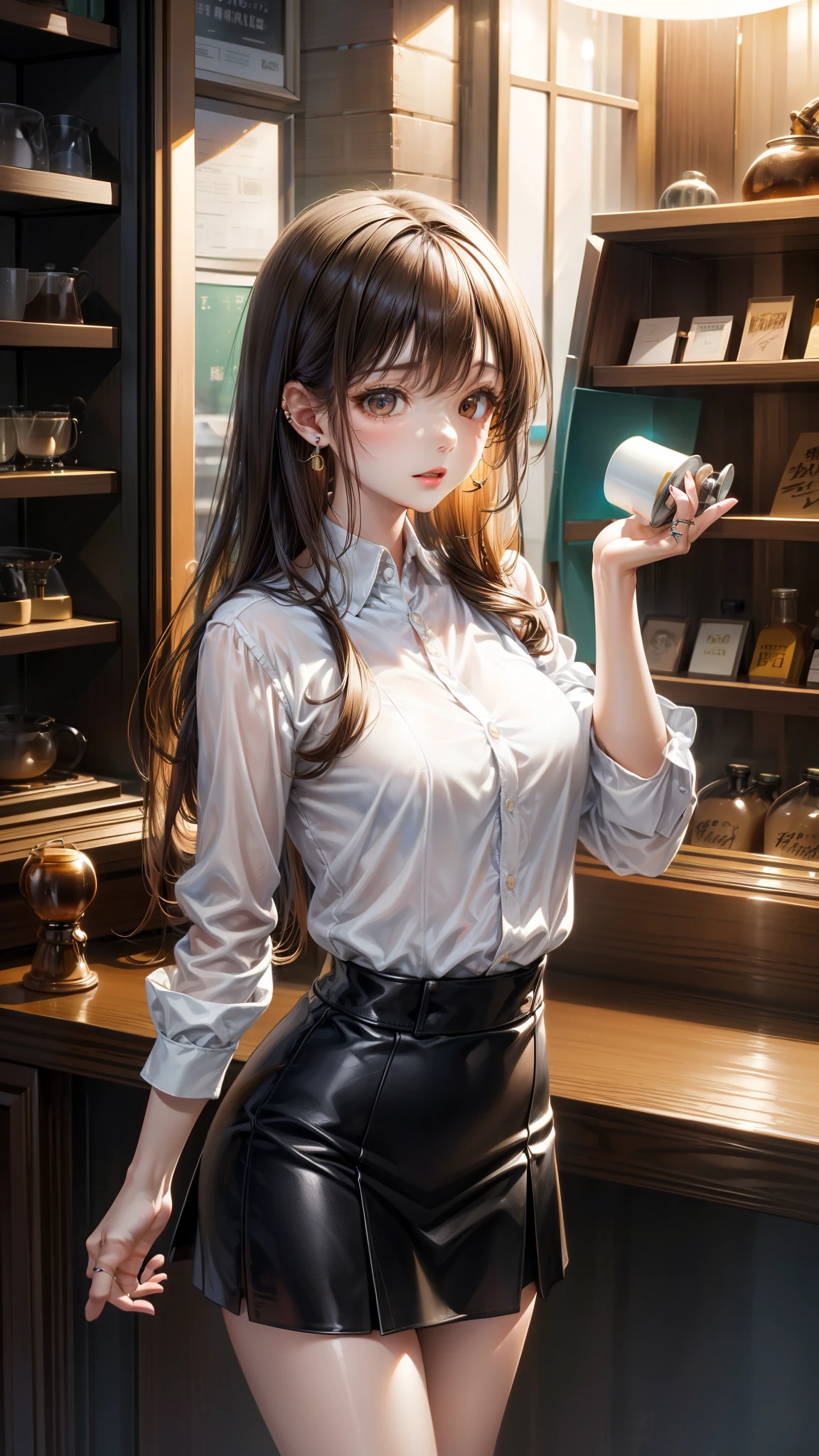 8K quality、High definition male、つま先立ちをするCoffee shopの女マスター、Brown long hair、Brown eyes、Ring piercing of the earlobe、Bright sunshine、Coffee shop、Neat blouse、Neat skirt、Beautiful legs、Beautiful thighs、Dignified face、Small breasts、Seduce、slender、Model Body Type、Ripe body、Neat 30 year old woman、Take the bottle from the high shelf、Stretching oneself、Flip-up skirt、Bare buttocks、Exposed genitals、