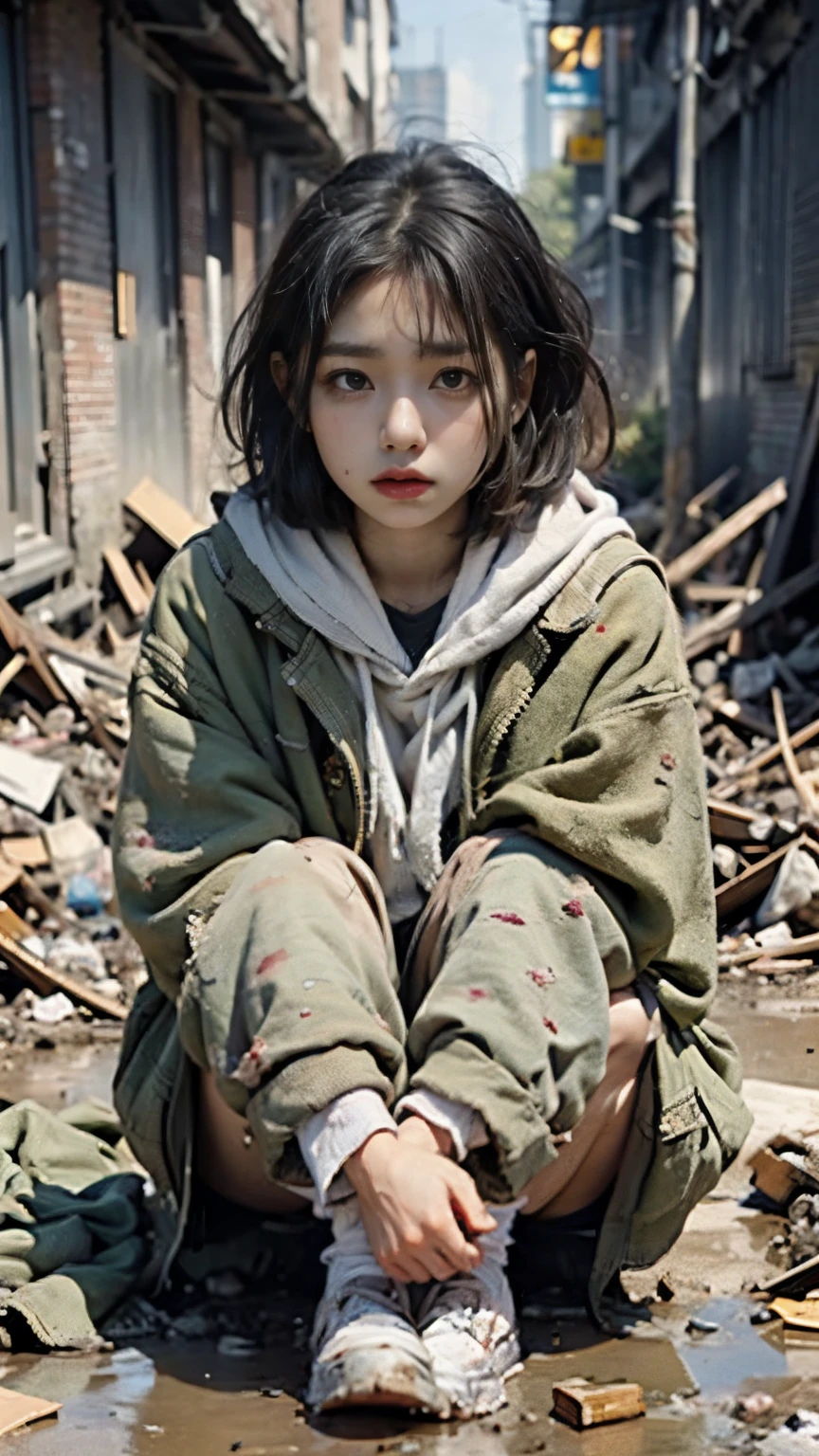 Bobcut,Downtown at night,Begging,(((Homeless))),Bad complexion,,Korean,Adult female,Pitch black,Tattered clothes,((( in a destroyed city,Oil,Mud stains,shit,dirty))),Expressionless,Glaring,Perfect Face,(((Big eyes))),