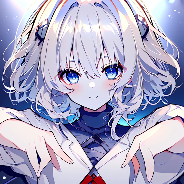 (High resolution，highest quality，masterpiece，wonderful)White Hair，Short Hair，Anime Boys，Curly hair，Fluffy hair，Blue Eyes，Sharp Eyes，Confident face，cute，White skin，Navy blue turtleneck，Short sleeve white shirt，smile，Cinema Lighting