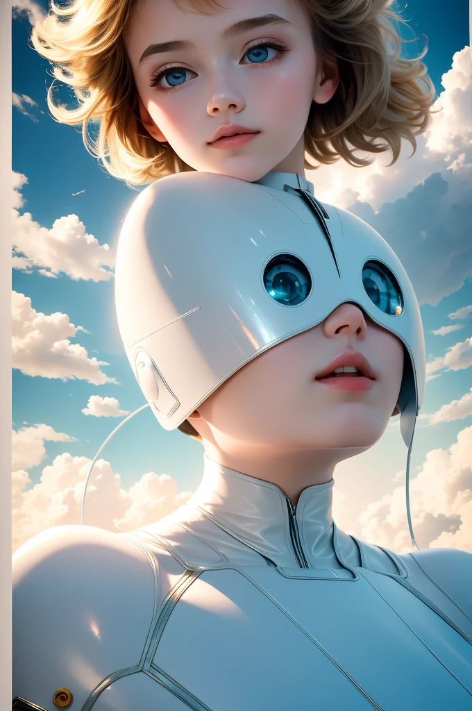 masterpiece, best quality, movie still, 1girl, floating in the sky, cloud girl, cloud, (close-up:1.1), bright, happy, fun, soft lighting, (Bauhaus, shapes, lines, abstract:1.1)