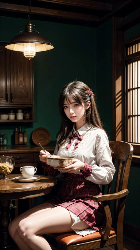 Anime girl sitting in chair，Holding a bowl of food, Alchemy Girl, Light novel cover, official art, Epic Light Novel Cover Art, o...