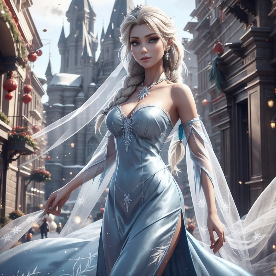 Generate an realistic image of Elsa from Frozen, real character Frozen elsa, dressed in modern fashion for a New Year's . HDR 8K texture dress, visual render Elsa, Elsa should be wearing a red, delicate long dress , along with a New Year's santa hat. The dress should be stylish and suitable for a princess. New Year's dress with real feathers and tassels. Gorgeous very detailed big breasts, tight clothes. Transparent veil.