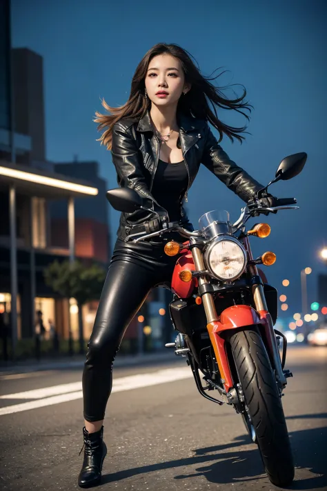 Generated in SFW, Maintain the golden ratio, (1 Female:1.37), 17 year old supermodel, (Riding on motorcycle:1.37), (I ride a Hon...