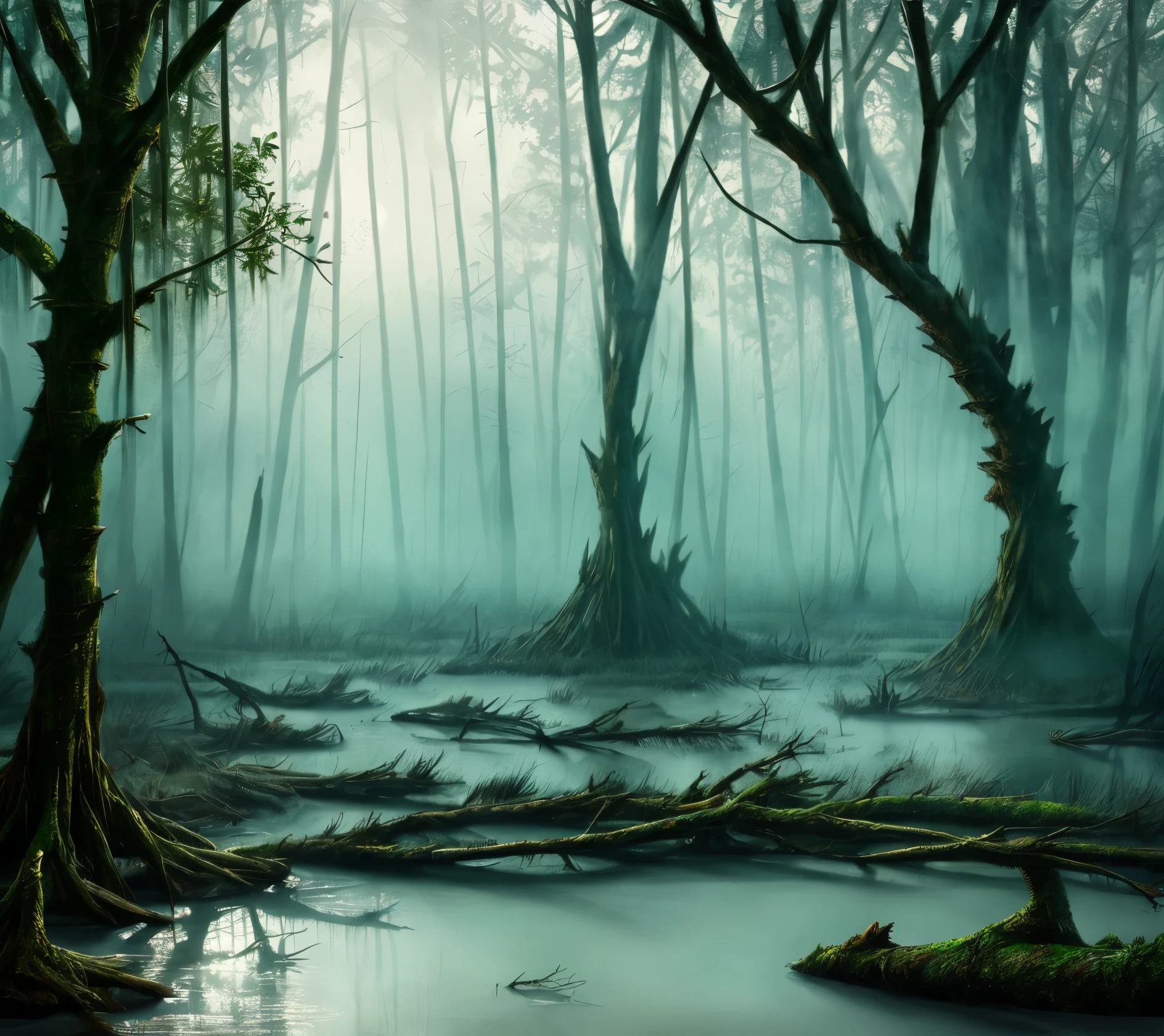 (masterpiece:1.2), (best quality,:1.2), 8k, HDR, ultra detailed, ((photorealistic)), professional light, cinematic lighting, fashion photography, ambient lighting, a small boat in a dangerous swamp, dead trees, fog, FanSwa, ((perfect hands)), epiCPhoto