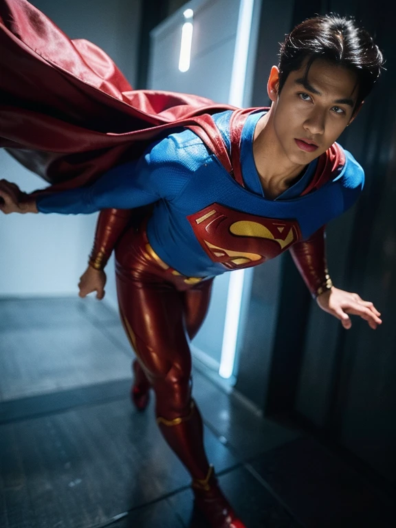 schwebender Superman, Ganzkörperaufnahme, Detaillierter Fuß, detaillierter Kopf , Einzelheiten Gesicht, Ultra-Detail ，  fotorealistisch , Epische Realität