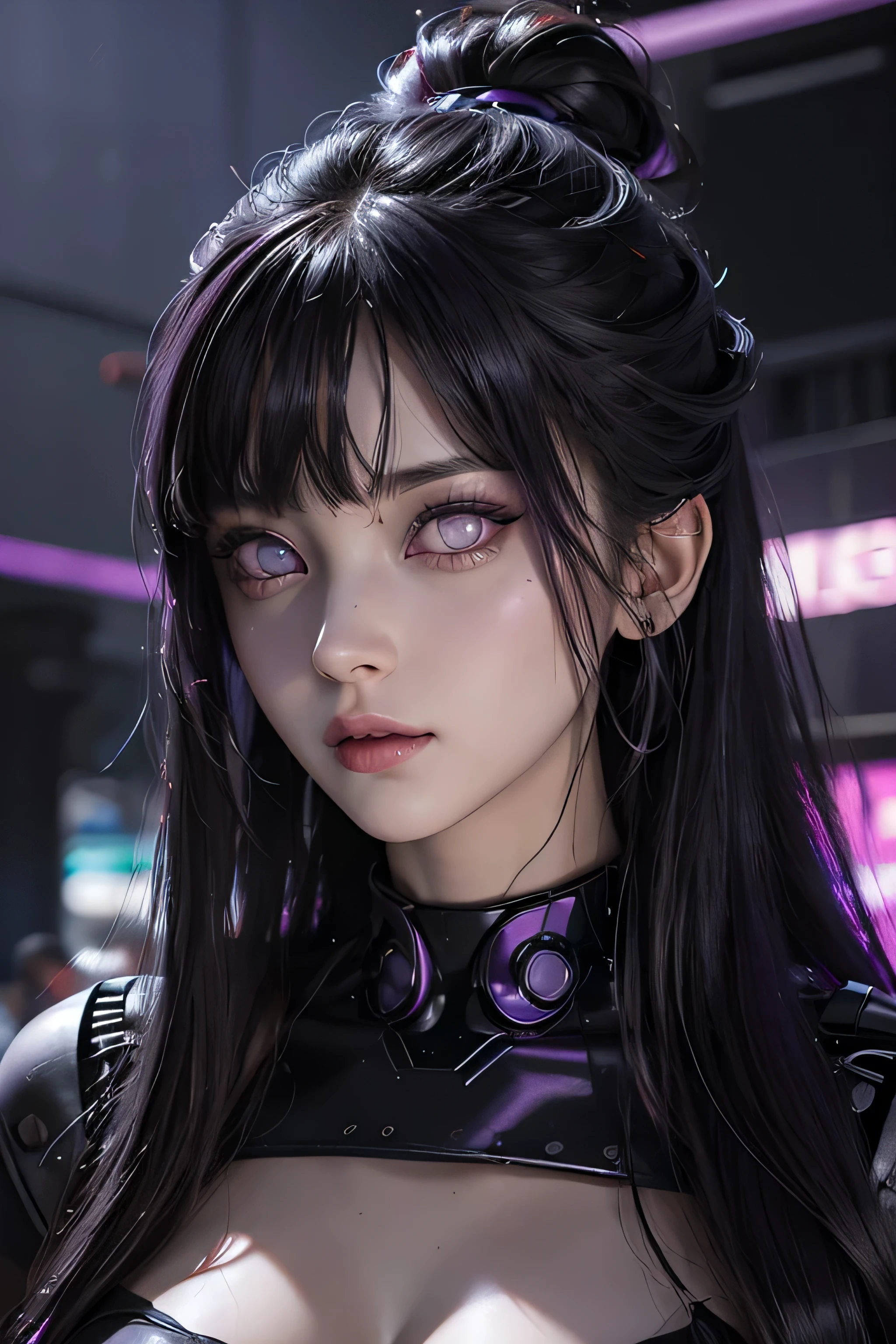 One female , bright purple eyes , "pupils glowing purple" , black hair , blonde highlights" , very_long_hair , big_breasts , perfect figure , detailed face , masterpiece , best quality , ultra detailed , (detailed background) , perfect shading , high contrast , best illumination , extremely detailed , ray tracing , realistic lighting effects , neon noir illustration , cyberpunk background 