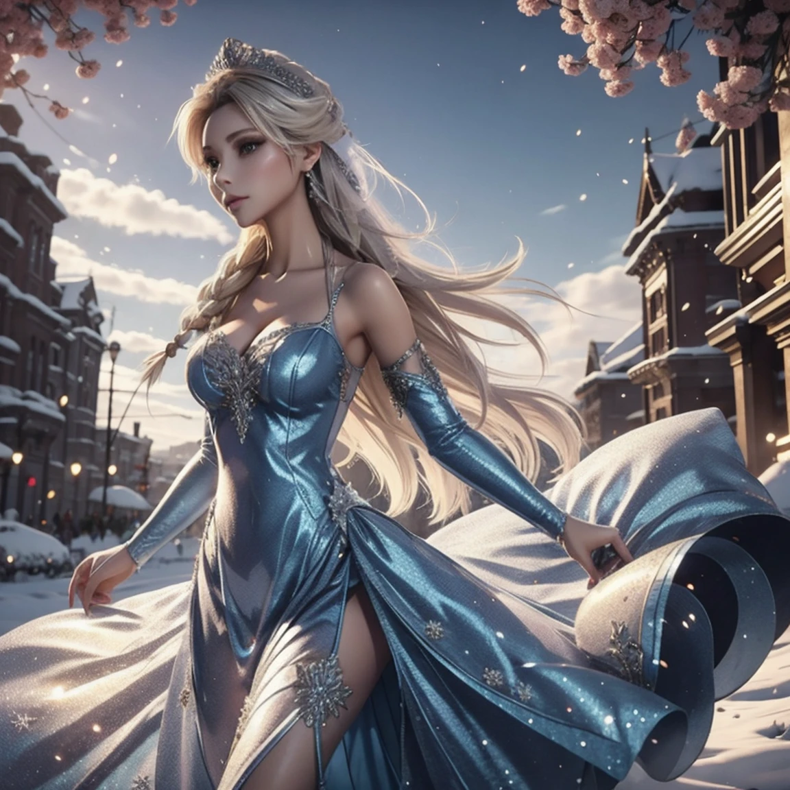 Gere uma imagem realista de Elsa de Frozen, personagem real Frozen Elsa, vestido com moda moderna para o Ano Novo . Vestido com textura HDR 8K, renderização visual Elsa, Elsa deveria estar usando um vermelho, vestido longo delicado , junto com um chapéu de Papai Noel de Ano Novo. O vestido deve ser estiloso e adequado para uma princesa. Vestido de ano novo com penas e borlas reais.