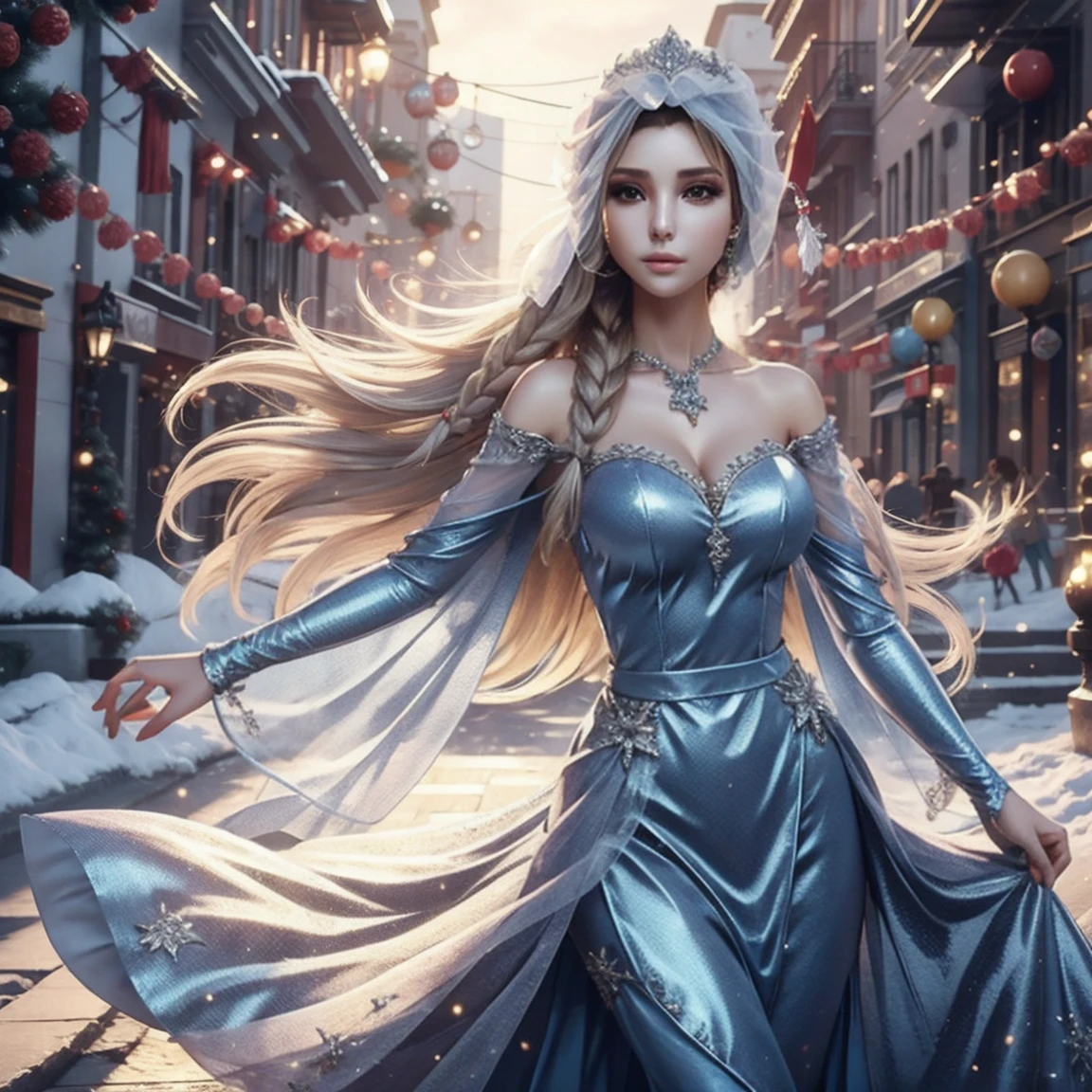 Gere uma imagem realista de Elsa de Frozen, personagem real Frozen Elsa, vestido com moda moderna para o Ano Novo . Vestido com textura HDR 8K, renderização visual Elsa, Elsa deveria estar usando um vermelho, vestido longo delicado , junto com um chapéu de Papai Noel de Ano Novo. O vestido deve ser estiloso e adequado para uma princesa. Vestido de ano novo com penas e borlas reais.