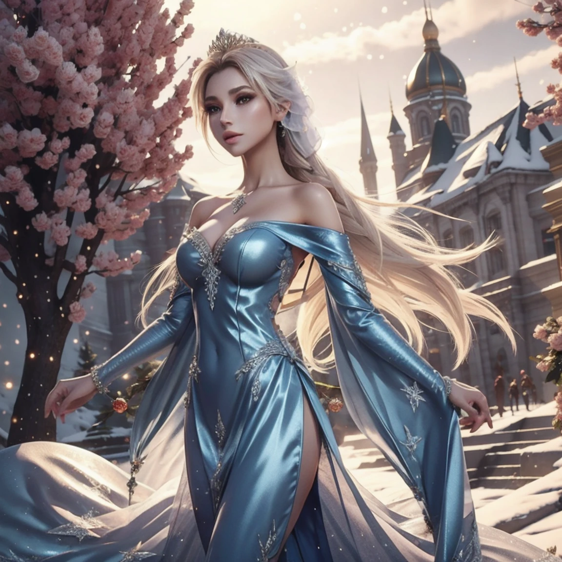 Generate an realistic image of Elsa from Frozen, real character Frozen elsa, dressed in modern fashion for a New Year's . HDR 8K texture dress, visual render Elsa, Elsa should be wearing a red, delicate long dress , along with a New Year's santa hat. The dress should be stylish and suitable for a princess. New Year's dress with real feathers and tassels.
