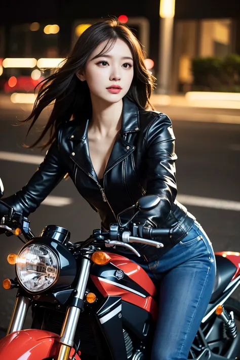 generated in sfw, maintain the golden ratio, (1 female:1.37), 17 year old supermodel, (riding on motorcycle:1.37), (i ride a hon...