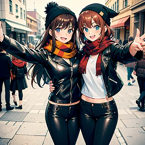 selfie of two cute young women in black leather jackets, leather pants, different eyecolor, one girl with red hair and one girl ...