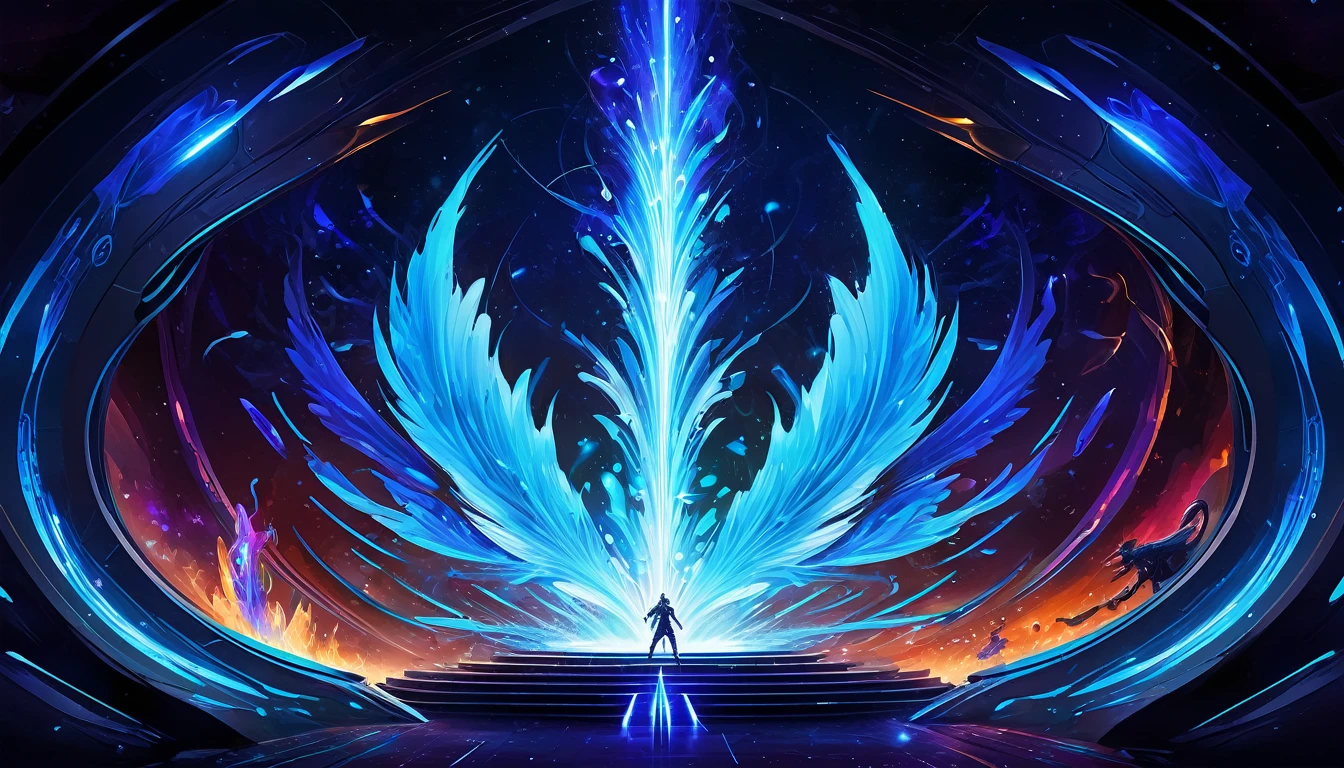 Create a miniature illustrating an epic battle scene between 5 artistic intelligences represented by different shapes/colors (e.g. blue flame, luminous flower, pixel swirl, cosmic entity, etc.). Each facing the other in a futuristic arena that looks like a creative challenge, with flashes of energy linking them. The overall effect should be one of intense visual combat.