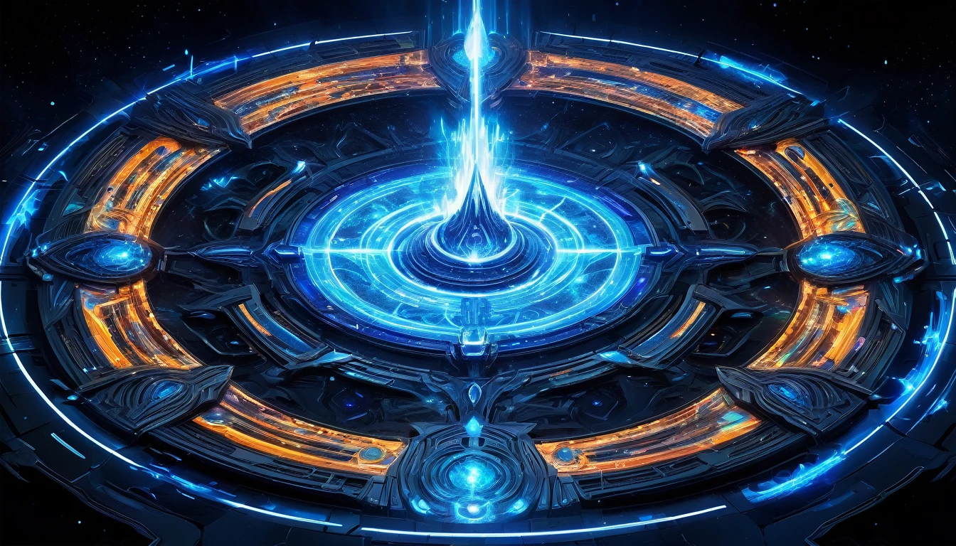 Create a miniature illustrating an epic battle scene between 5 artistic intelligences represented by different shapes/colors (e.g. blue flame, luminous flower, pixel swirl, cosmic entity, etc.). Each facing the other in a futuristic arena that looks like a creative challenge, with flashes of energy linking them. The overall effect should be one of intense visual combat.