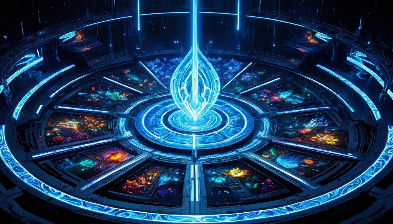 Create a miniature illustrating an epic battle scene between 5 artistic intelligences represented by different shapes/colors (e.g. blue flame, luminous flower, pixel swirl, cosmic entity, etc.). Each facing the other in a futuristic arena that looks like a creative challenge, with flashes of energy linking them. The overall effect should be one of intense visual combat.