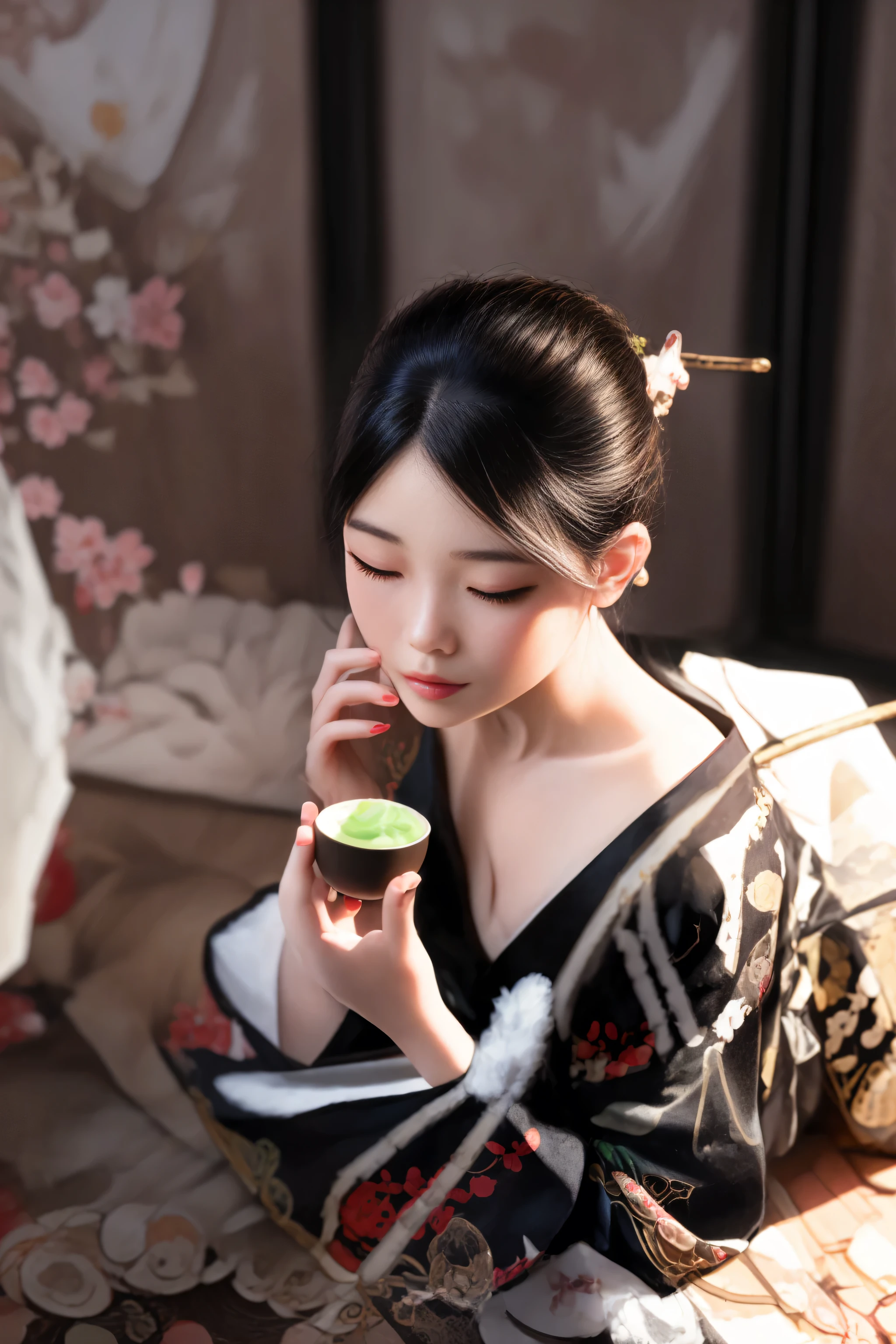 woman in kimono dress eating a cupcake while sitting on the floor, palace ， a girl in hanfu, elegant japanese woman, hanfu, tea ceremony scene, portrait shot, chinese girl, organic seductive geisha, with acient chinese clothes, chinese woman, traditional beauty, inspired by Gu An, wearing ancient chinese clothes, japanese woman, japanese model